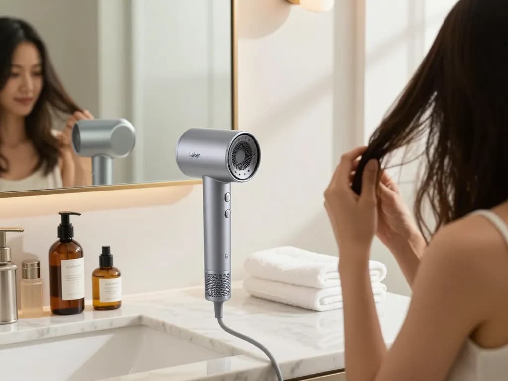 Young woman using Laifen hair dryer in a modern bathroom, showcasing beauty and self-care.