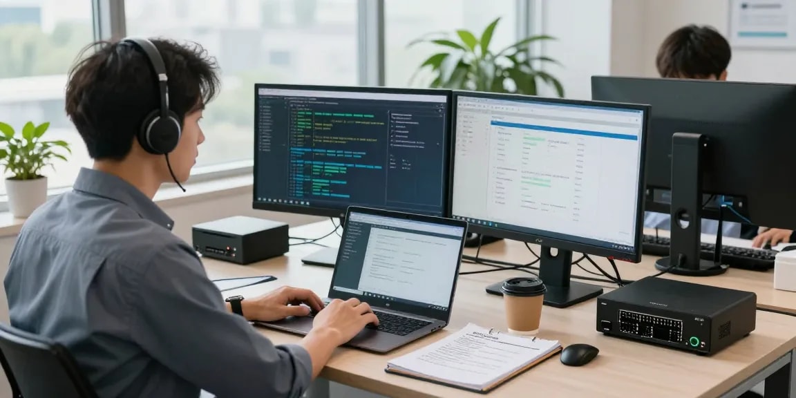 Engaging scene of remote IT support for small business with technician managing systems in a modern office.