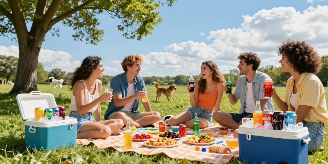Friends enjoying hard soda at a vibrant summer picnic with snacks and bright sunshine.