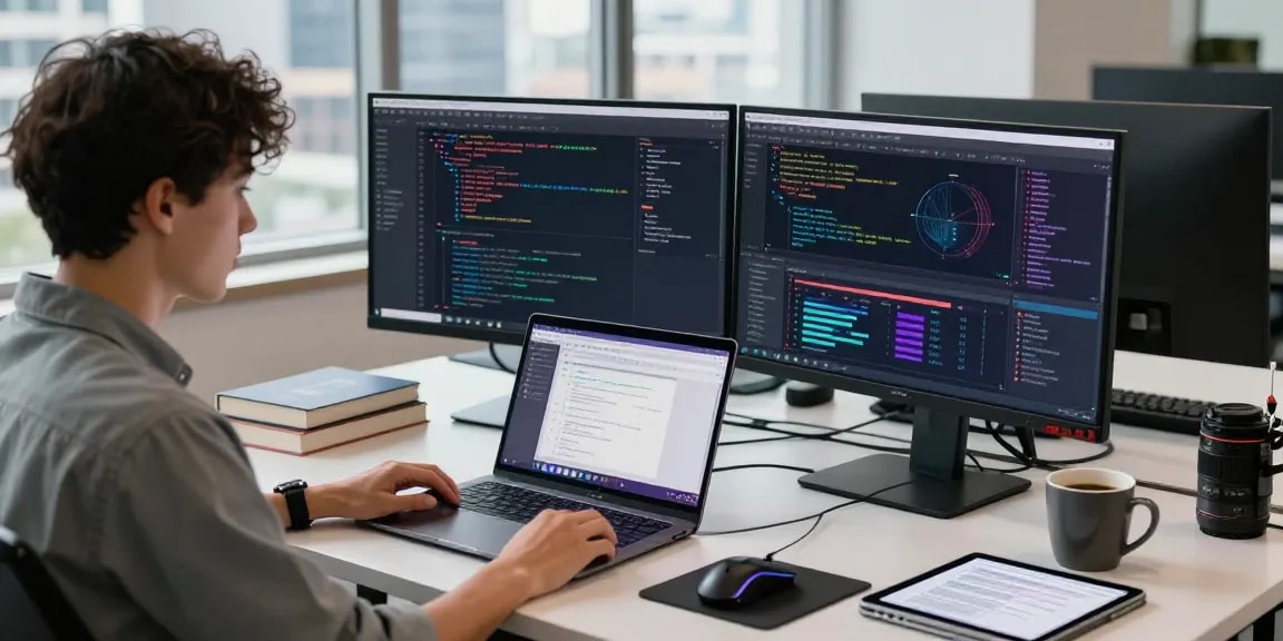 快连 tech workspace with a developer coding and vibrant screens in a modern office.
