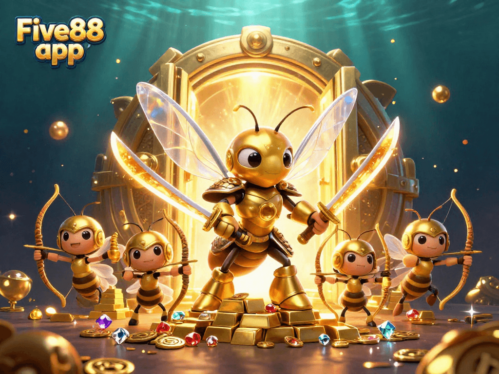 Experience the excitement of the Five88 app with dynamic 3D characters in a thrilling casino setting.
