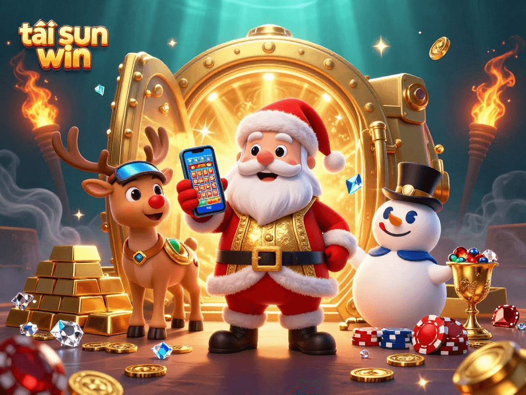 Spin to win with tải sun win: Santa celebrating jackpots with his reindeer and snowman!