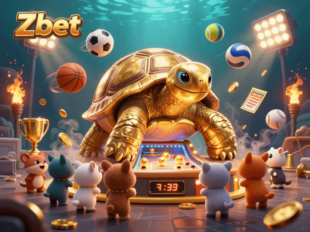 Zbet's dynamic gambling experience showcased with a cartoon tortoise pinball machine, sports balls, and fun characters