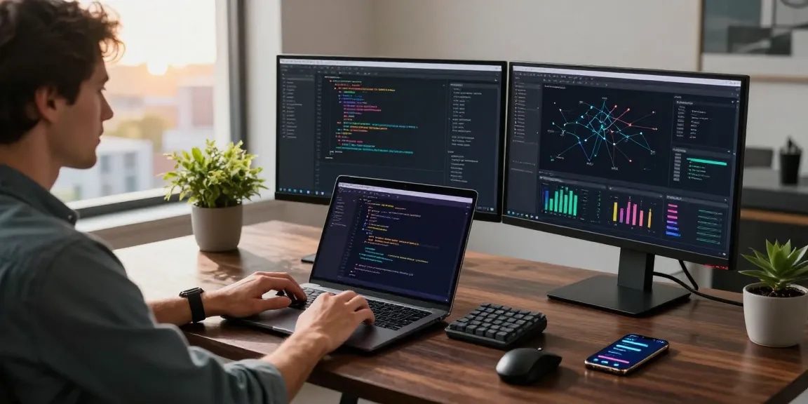 快连 networking solutions in a modern tech workspace with dual monitors and coding setup, showcasing productivity and innovation.
