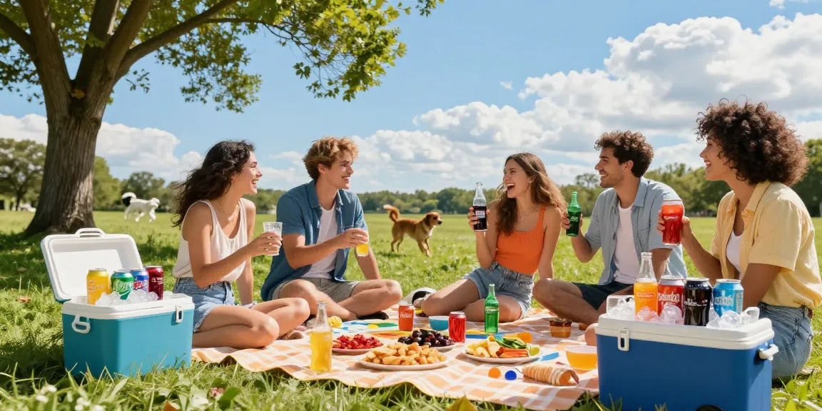 Friends enjoying hard soda at a vibrant summer picnic with snacks and bright sunshine.