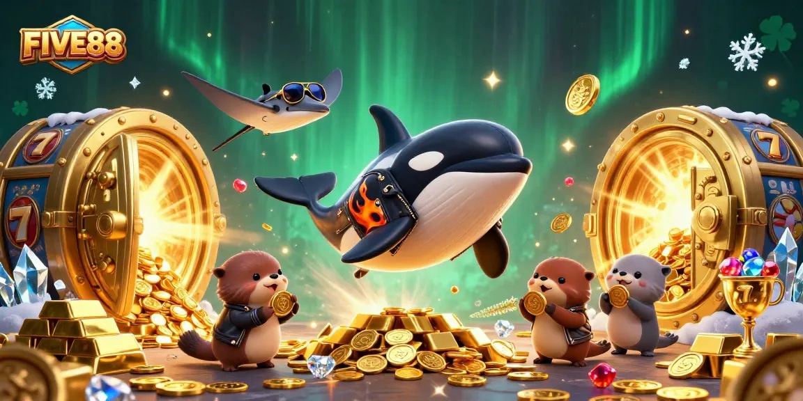 Engage with FIVE88's thrilling casino experience featuring vibrant characters and gleaming treasures.