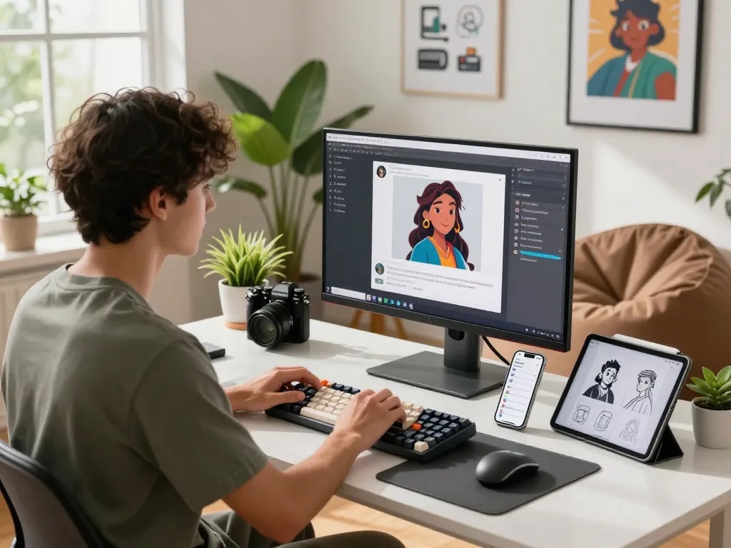 Engaging workspace featuring CrushOn AI interactions and character design, with vibrant tech tools and creative atmosphere.