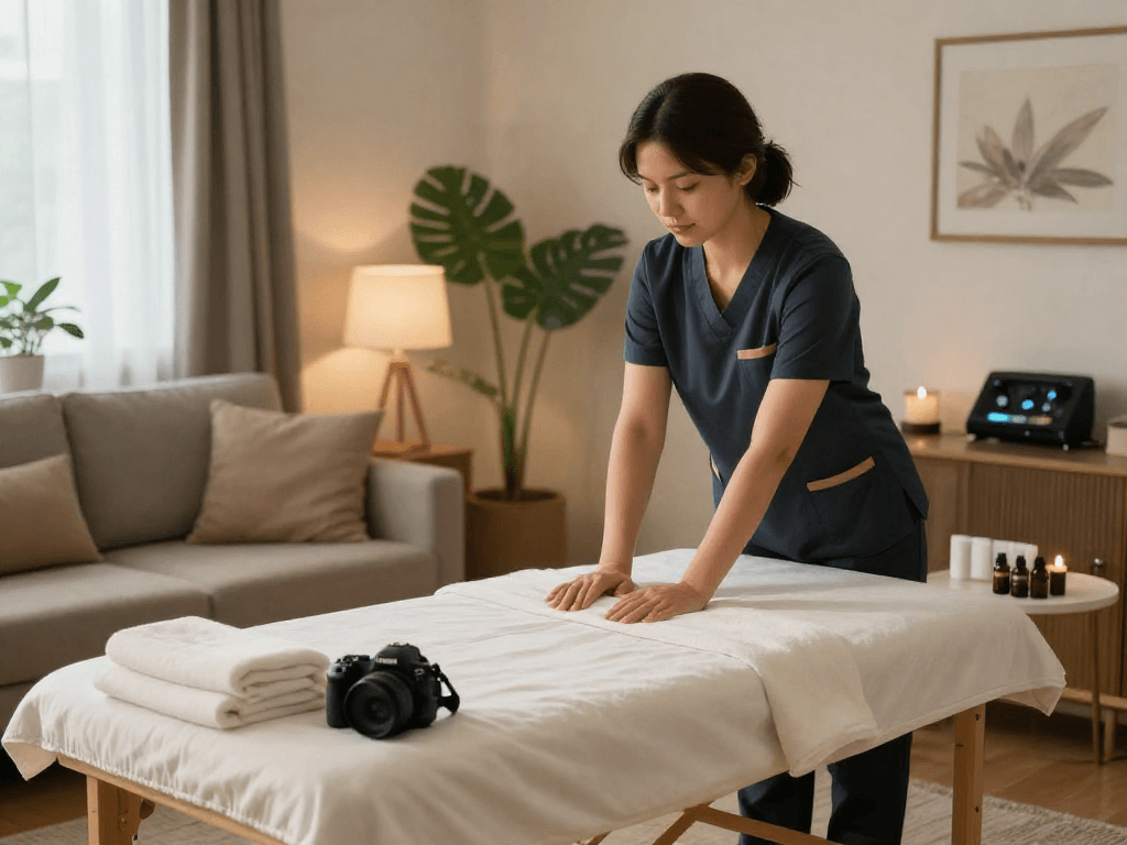 At-home massage setup for 하남출장안마 with a therapist preparing a cozy and inviting space, featuring soft lighting and calming decor.