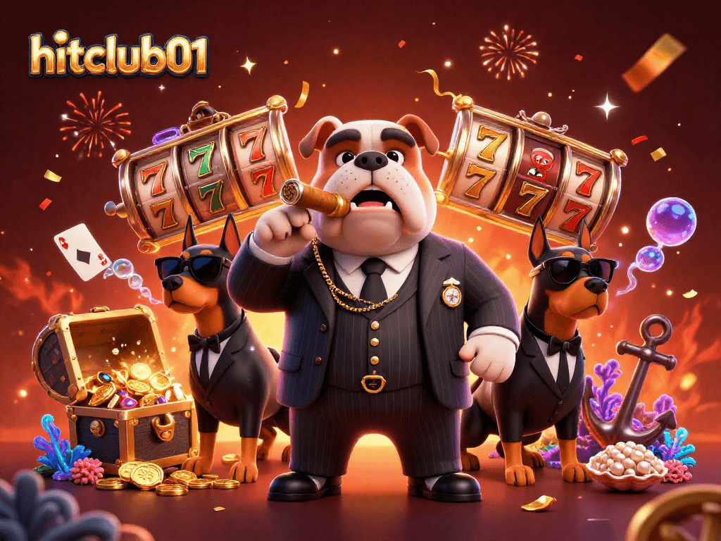 Hitclub01 features vibrant gaming excitement with mafia characters and slot reels.