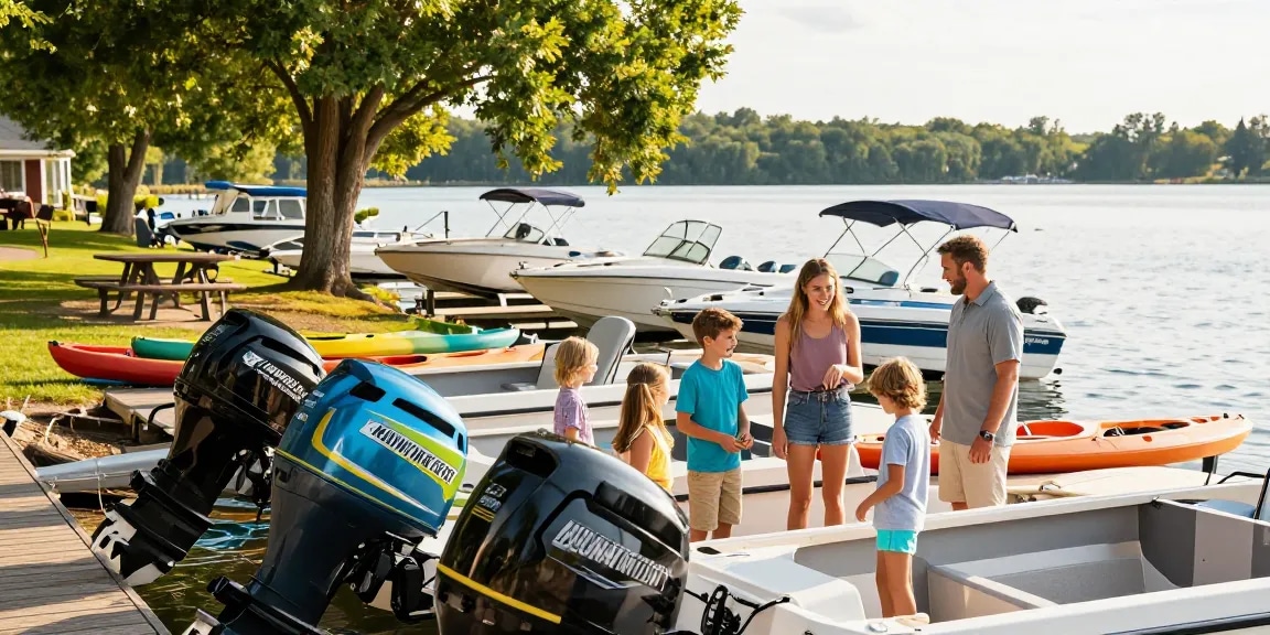 Family exploring boat motors for sale at Mountain Trout House Marina on Kawagama Lake.