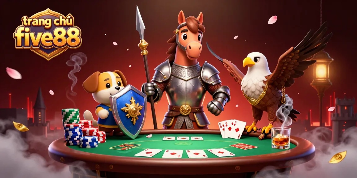 Experience the thrill of poker with trang chủ five88, featuring knights and chips in an engaging casino scene.