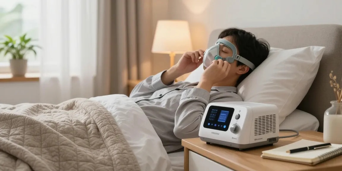 Person adjusting cpap machines accessories in a cozy bedroom setting with soft lighting and sleep health elements.