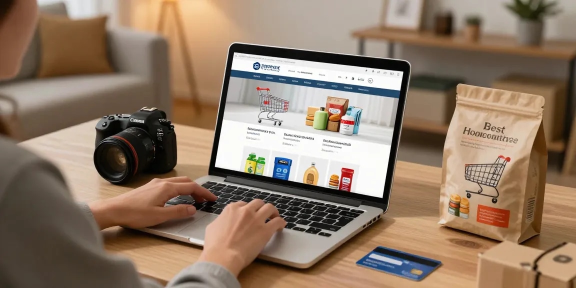 Grocery Discounts: Online shopping showcases best deals on groceries in a digital marketplace.