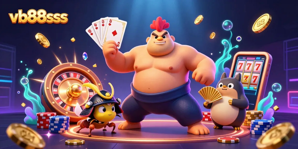 Experience thrilling moments with vb88sss in a dynamic 3D casino scene featuring a powerful sumo rooster and samurai cricket.