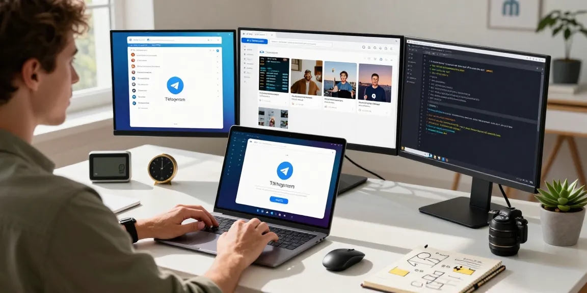 Exploring Telegram download features in a modern workspace filled with tech elements