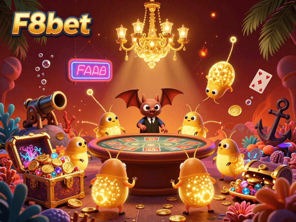 Experience the excitement of F8bet with a vibrant casino scene illuminated by glowworms and a bat dealer.