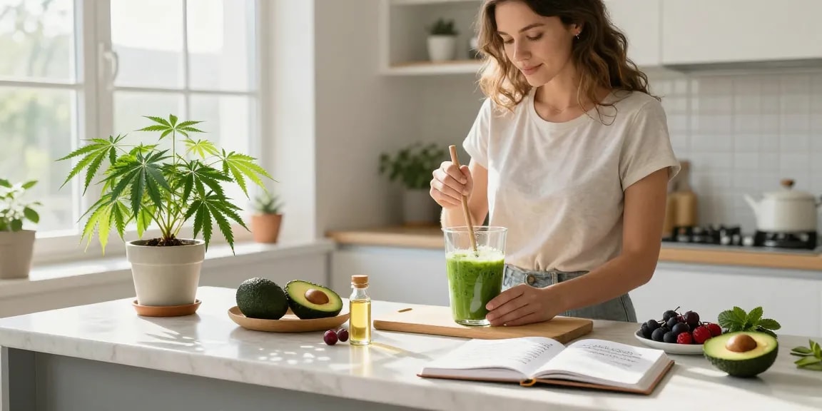 Ministry cannabis - bright kitchen scene with CBD oil and fresh ingredients promoting natural wellness and health.