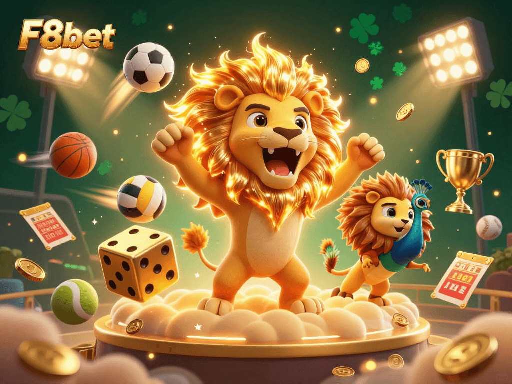 Experience thrilling bets with F8bet alongside cartoon characters in a vibrant casino atmosphere.