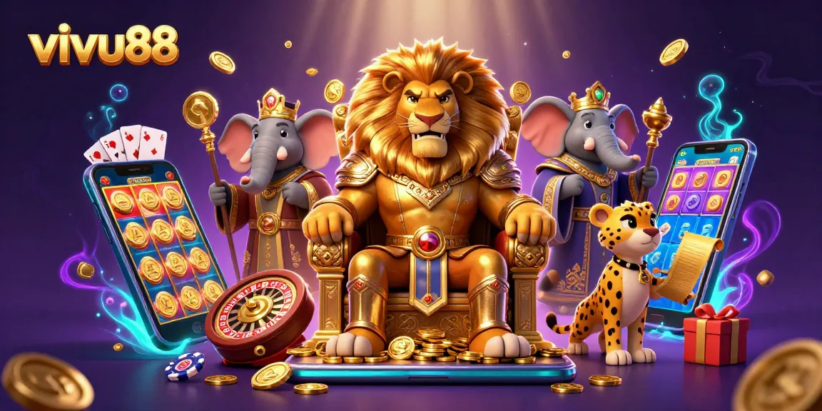 Experience thrilling gameplay at vivu88 with a dynamic 3D illustration featuring casino elements and wild characters.