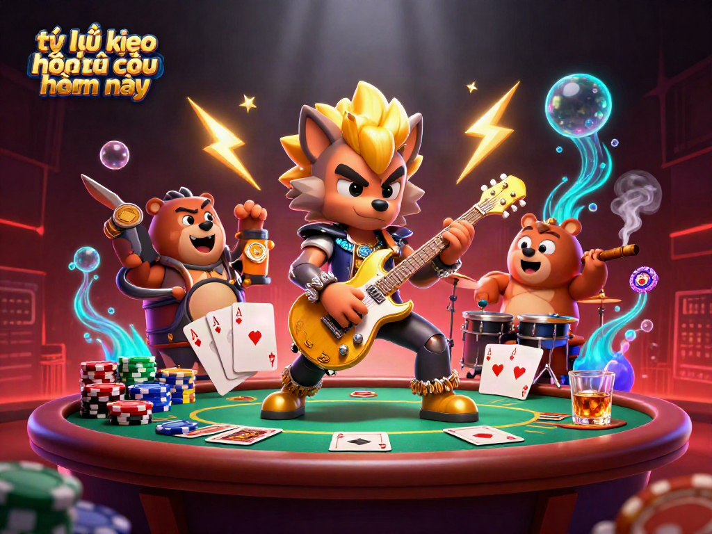 Bet on tỷ lệ kèo nhà cái hôm nay and enjoy a vibrant casino stage featuring a rock star wolf and lively drummer bear.