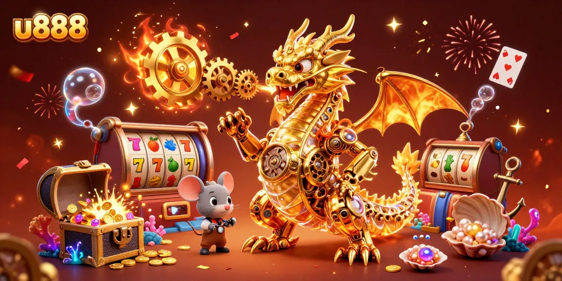 Engage with the thrilling world of u888 online slots, featuring a dynamic golden dragon in a rich casino scene.