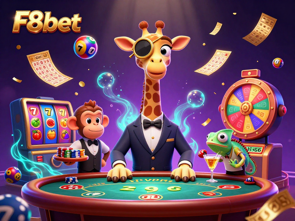 Experience the excitement of F8bet with a high-roller giraffe at the poker table amidst vibrant casino elements.