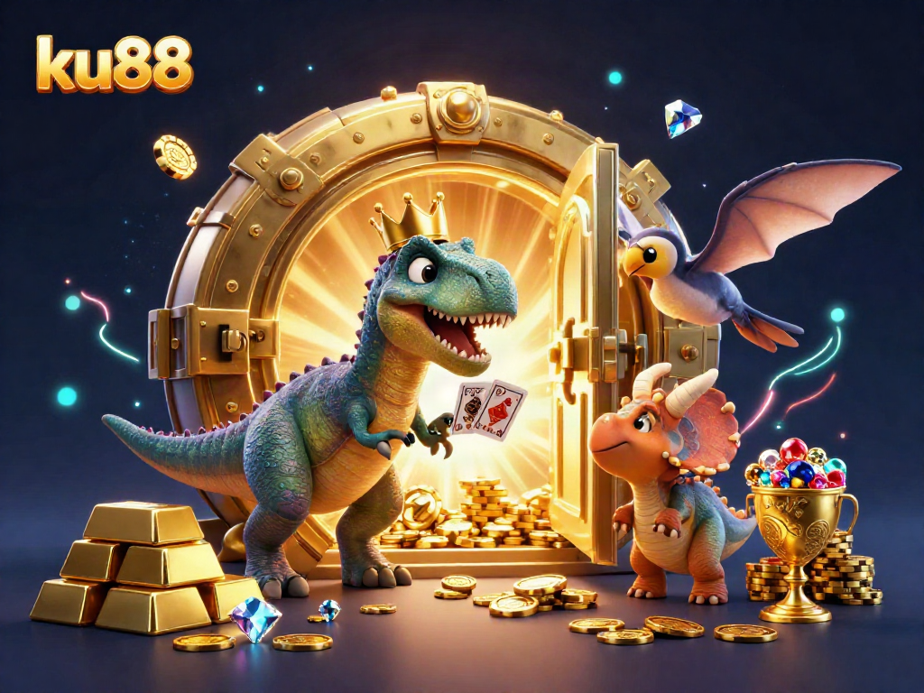 Watch the cute T-Rex shuffle cards at ku88, surrounded by treasure, gold, and casino game excitement.