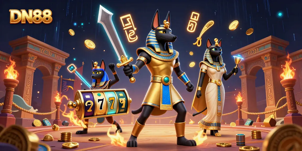 Experience thrilling action at DN88 with Anubis and Bastet amidst dazzling casino elements.