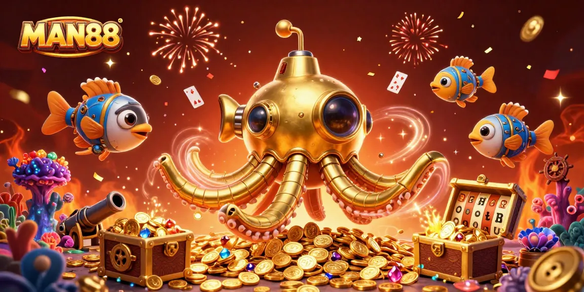 Engage with the excitement of MAN88 as the golden kraken submarine surfaces through treasure while mechanical fish accompany it, rich in casino elements.