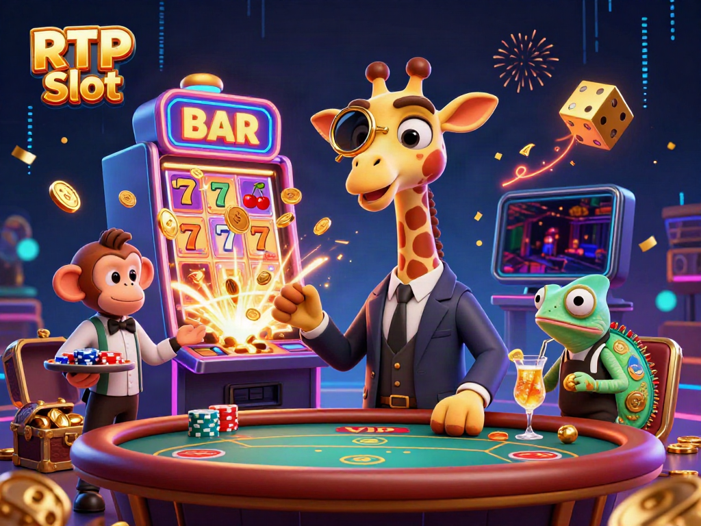 Experience the thrilling RTP Slot scene with a high-roller giraffe and dynamic casino elements.