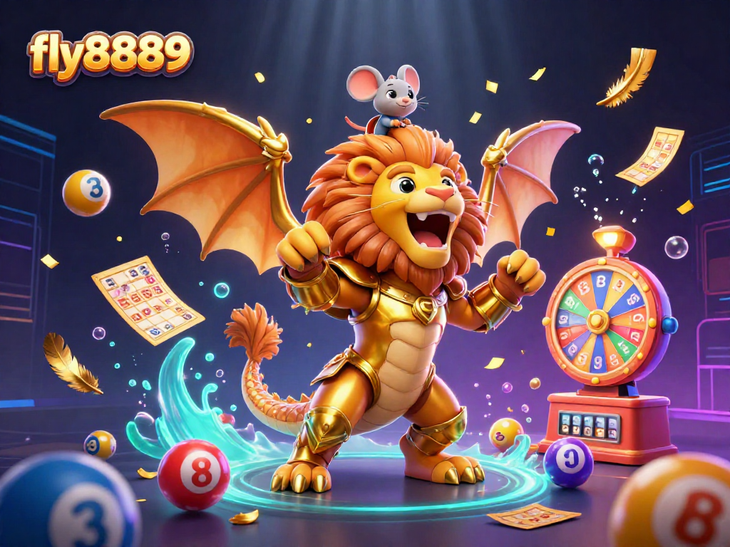 Engage with fly8889 in a vibrant casino scene depicting a chimera and exciting gaming elements.