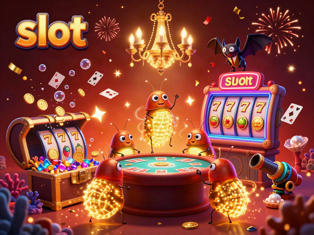 Experience thrilling slot games with glittering characters and vibrant casino elements in a magical setting.