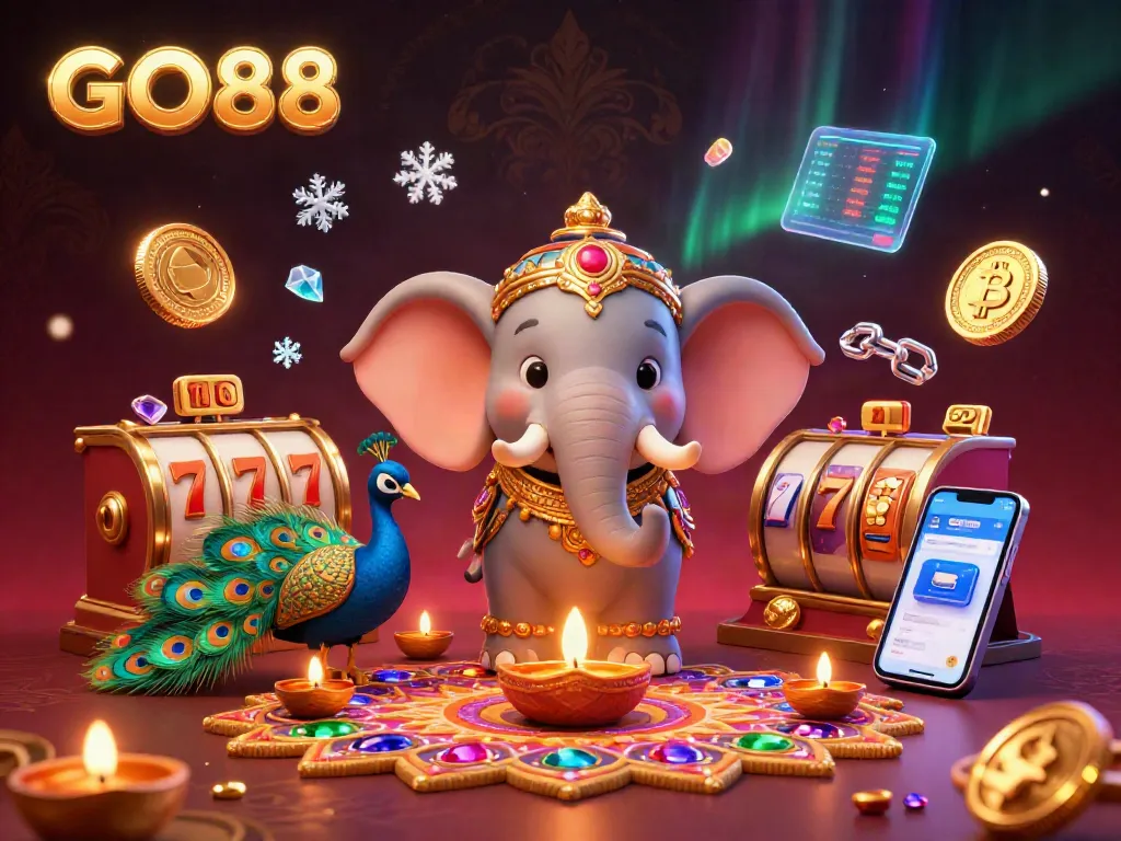 Engage with the rich GO88 casino universe, featuring a vibrant elephant and peacock surrounded by dynamic gaming elements.