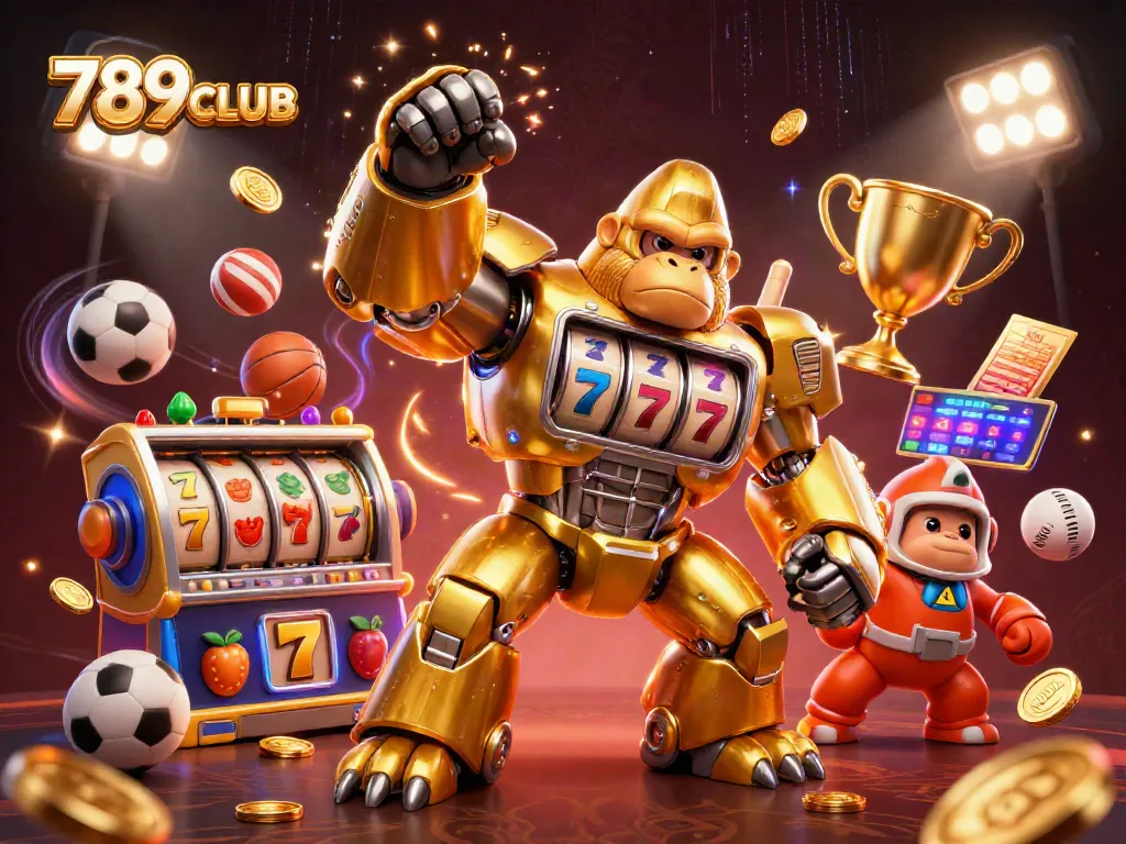 Engage with 789CLUB's dynamic gaming universe featuring a golden gorilla mech, slot reels, and sports action.