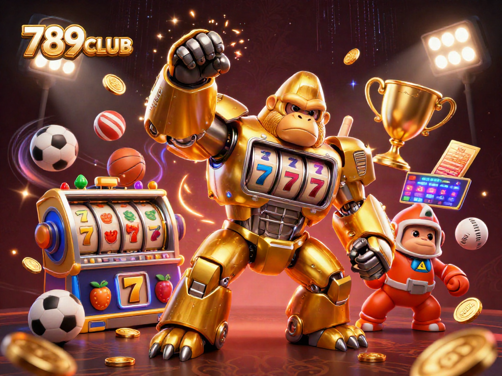 Engage with 789CLUB's dynamic gaming universe featuring a golden gorilla mech, slot reels, and sports action.
