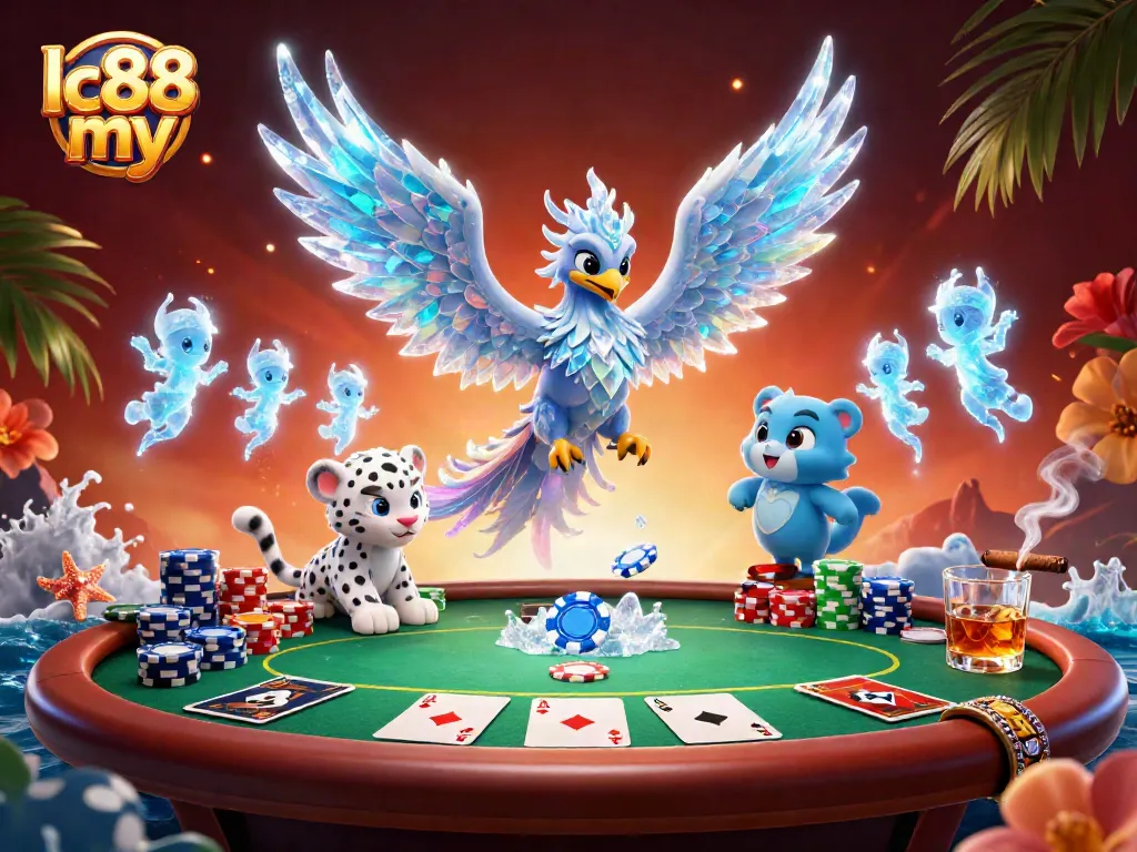 Experience the vibrant world of lc88 my with a captivating 3D scene featuring cartoon characters, poker elements, and a magical atmosphere.