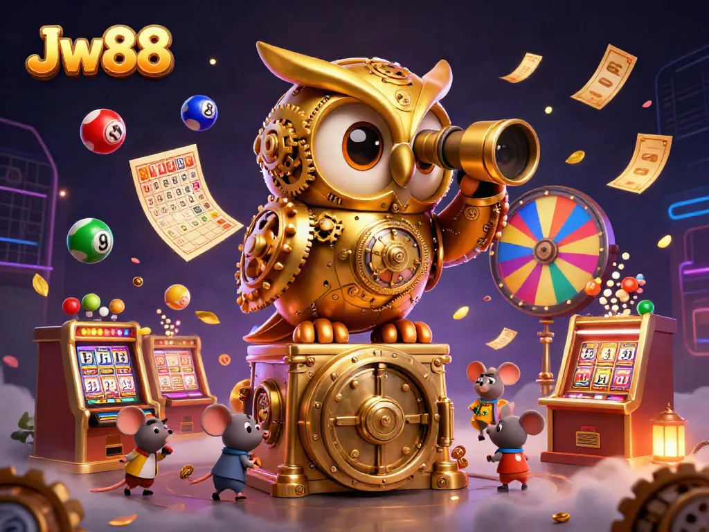Experience the thrill at Jw88 with a 3D illustration of a golden owl in a lively casino atmosphere.