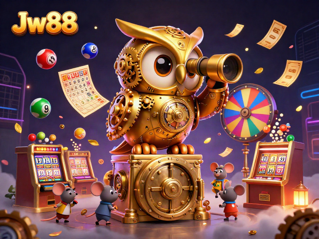 Experience the thrill at Jw88 with a 3D illustration of a golden owl in a lively casino atmosphere.