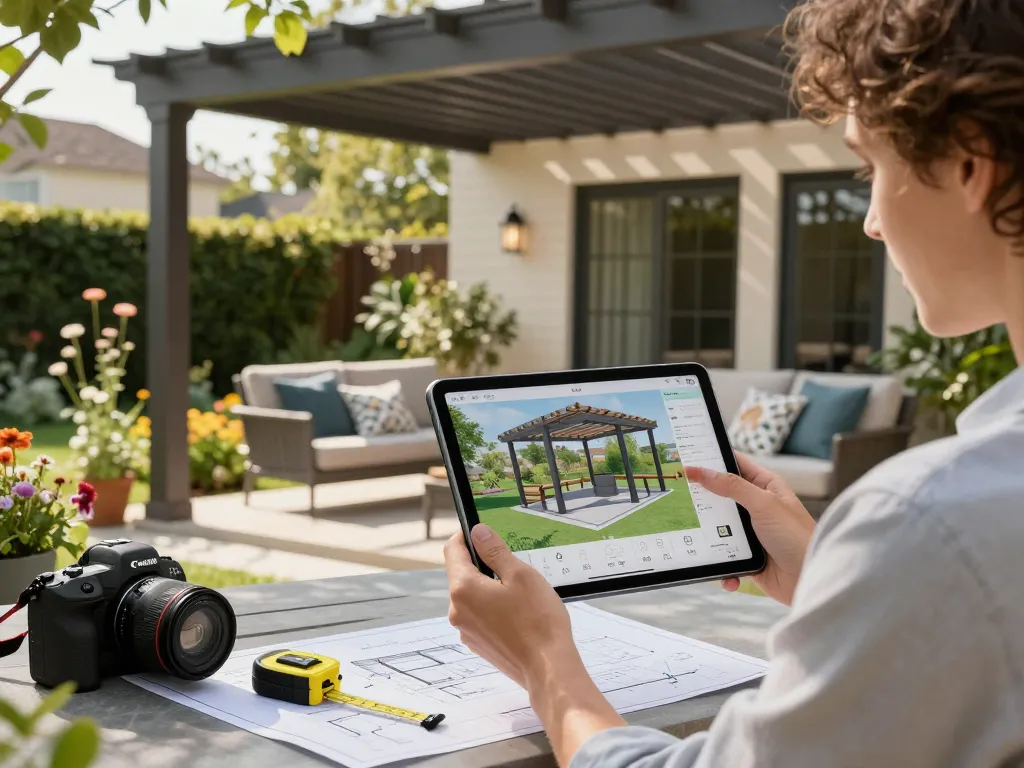 Pergola Configurator Software illustrating an outdoor design process with a homeowner engaging with digital tools in a vibrant garden