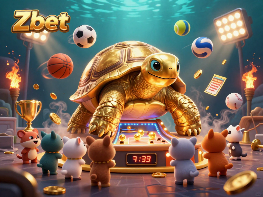 Zbet's dynamic gambling experience showcased with a cartoon tortoise pinball machine, sports balls, and fun characters