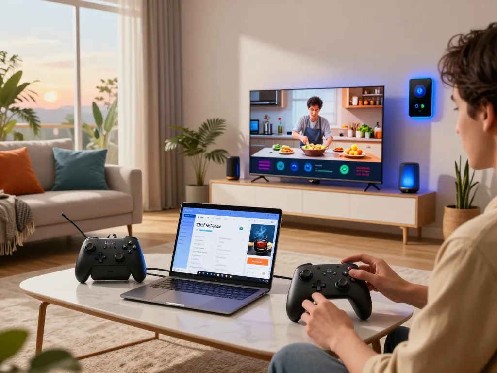 Exploring latest tech gadgets 2034 in a stylish living room with smart gadgets and devices.