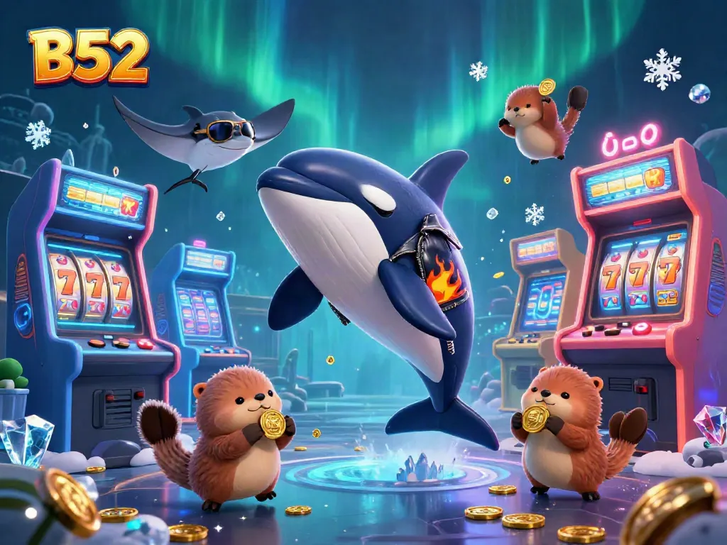 B52 slots scene featuring a whale, stingray, and otters surrounded by golden coins and gaming elements.