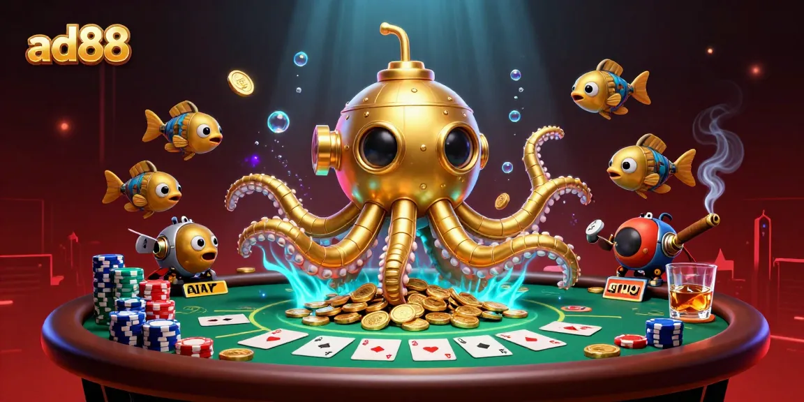 Experience the excitement of ad88 with a vibrant 3D kraken submarine emerging from golden coins, surrounded by poker elements.
