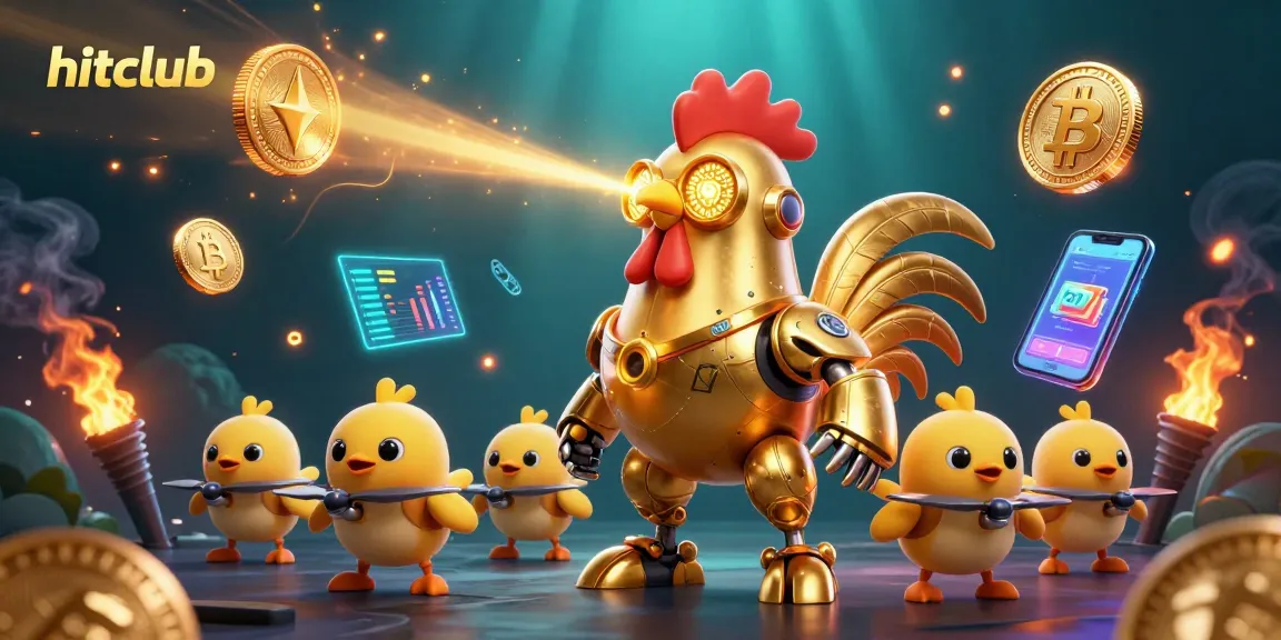 Engage in thrill at hitclub with a vibrant 3D scene featuring golden rooster robot amidst crypto coins, dynamic elements.
