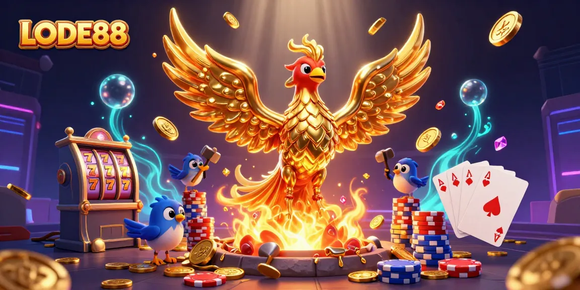 Engage with LODE88's thrilling slots featuring vibrant golden phoenix and dynamic casino elements.