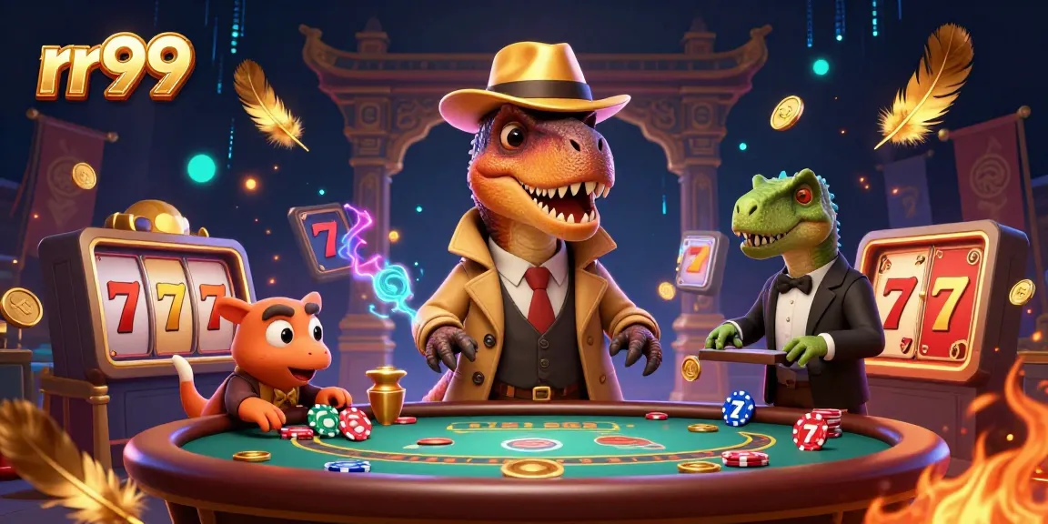 Experience thrilling gameplay with rr99 at a vibrant casino scene featuring a velociraptor card counter.
