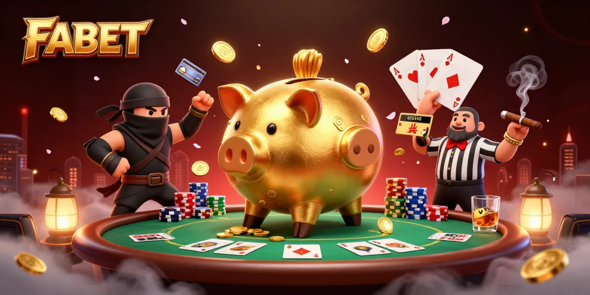 Engage with FABET's thrilling gaming scene featuring a vibrant piggy bank sumo wrestler amidst poker chaos.