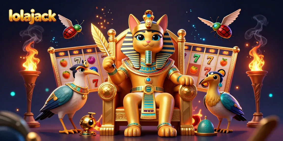 Play slots with excitement at lolajack, featuring a pharaoh cat throne and vibrant jackpot symbols.