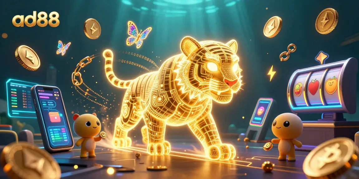 Enhance your gaming with ad88's vibrant casino illustration showcasing a neon tiger amidst crypto elements.