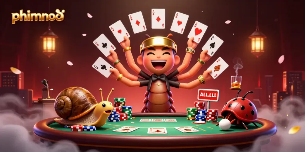 Experience the thrill of phimmoi with a lively casino scene featuring a cartoon millipede dealer and colorful poker chips.